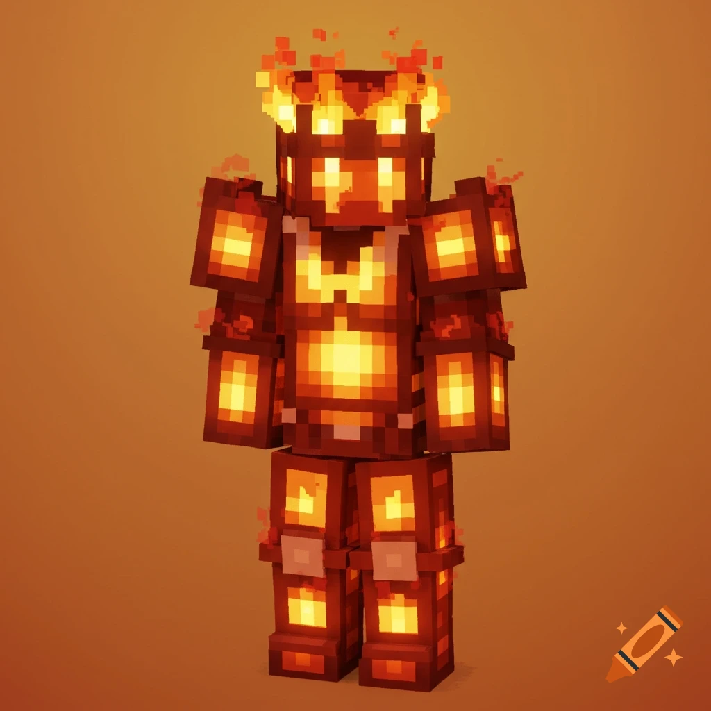 Pixelated Minecraft-style armor glowing with fiery orange and red light.