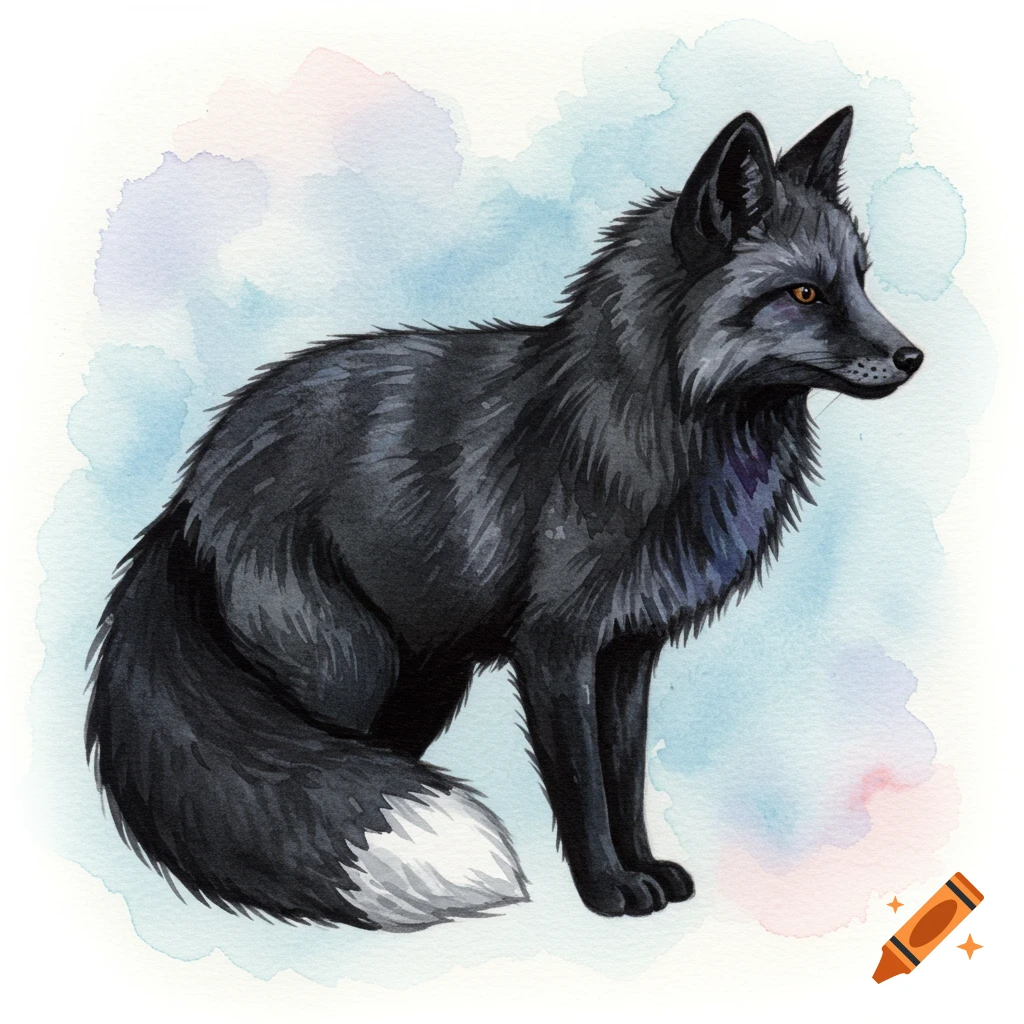 Watercolor painting of a black fox with a white-tipped tail, looking to the right.