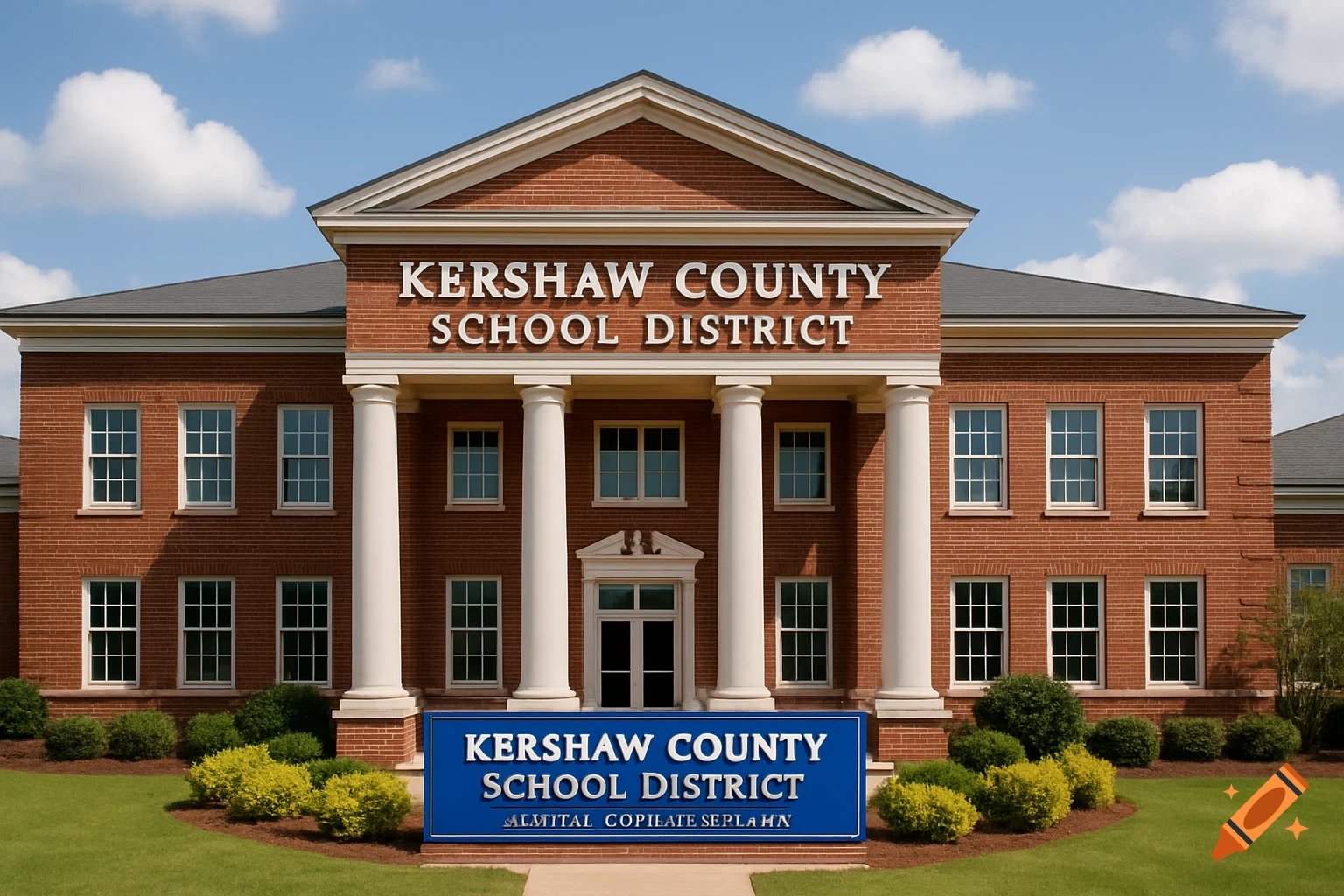 A large red brick school district building with white columns and 'Kershaw County School District' written on it, with a blue sign in front.
