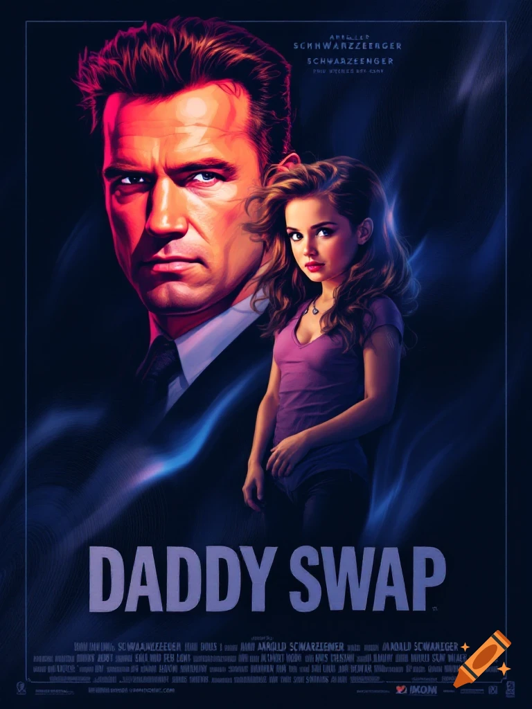 A movie poster for 'Daddy Swap' featuring a stern-looking Arnold Schwarzenegger above a young girl with curly hair, in a 90s illustration style.