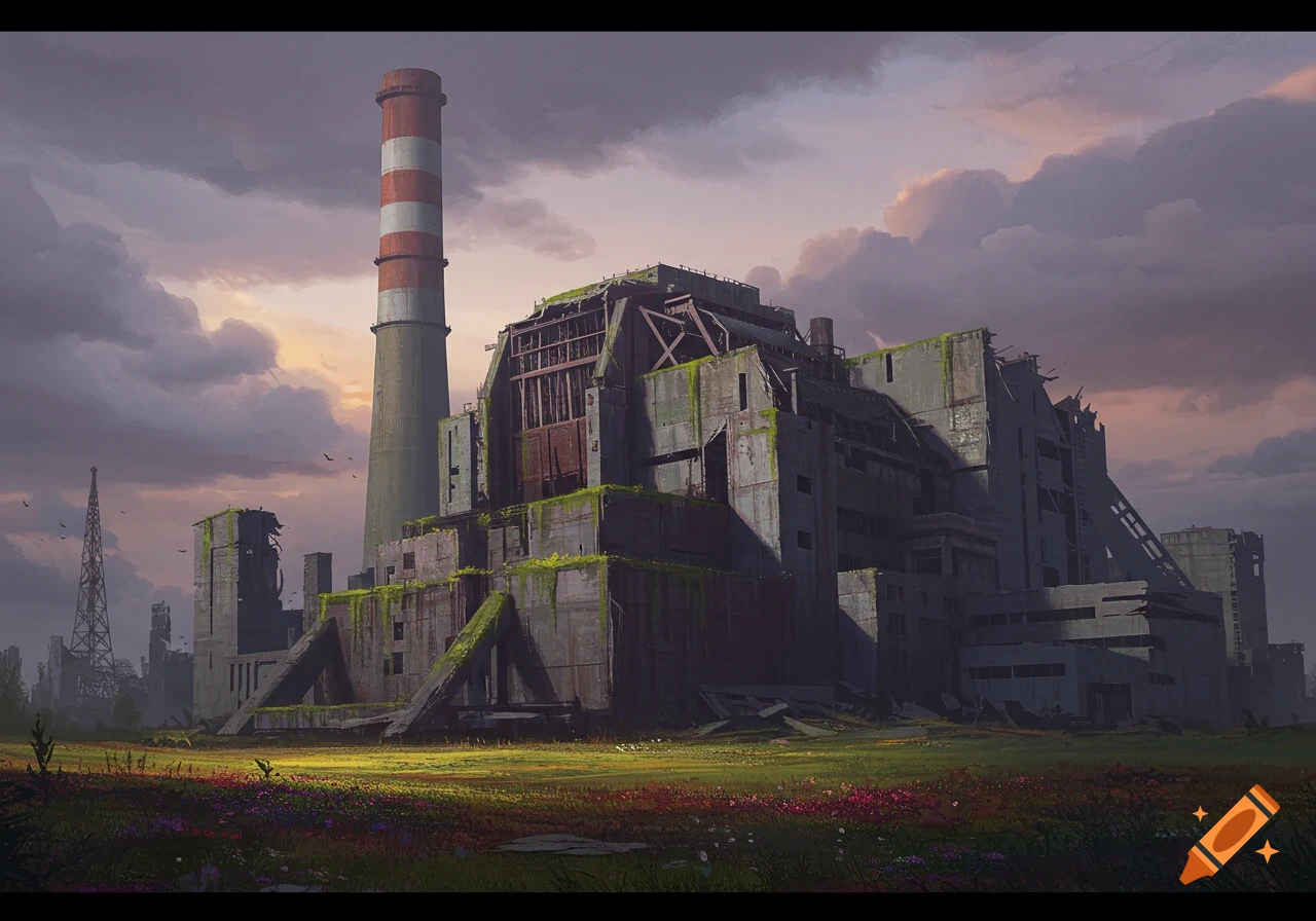 A desolate, overgrown industrial ruin with a tall, striped smokestack under a stormy sky, surrounded by a field of wildflowers.