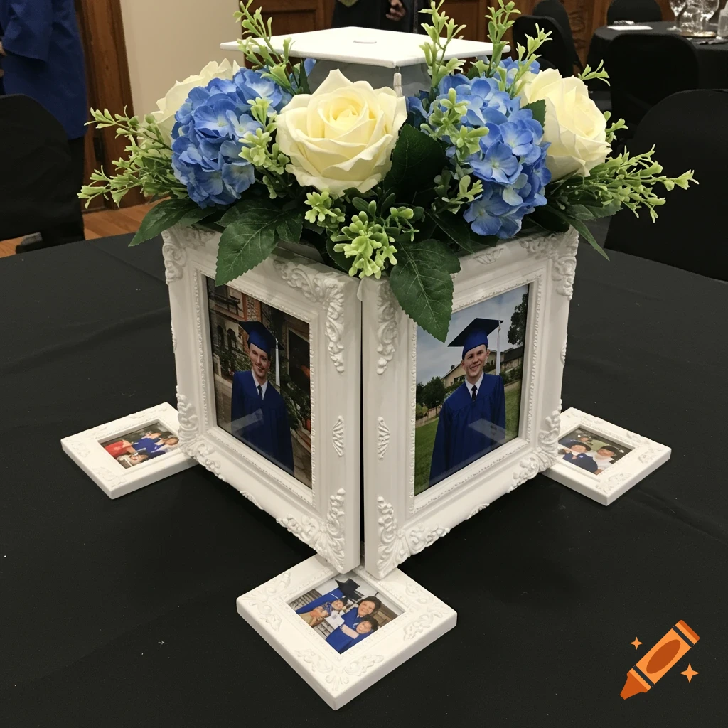 Graduation centerpiece featuring a white photo frame cube with blue and white flowers and graduate photos on a black table.