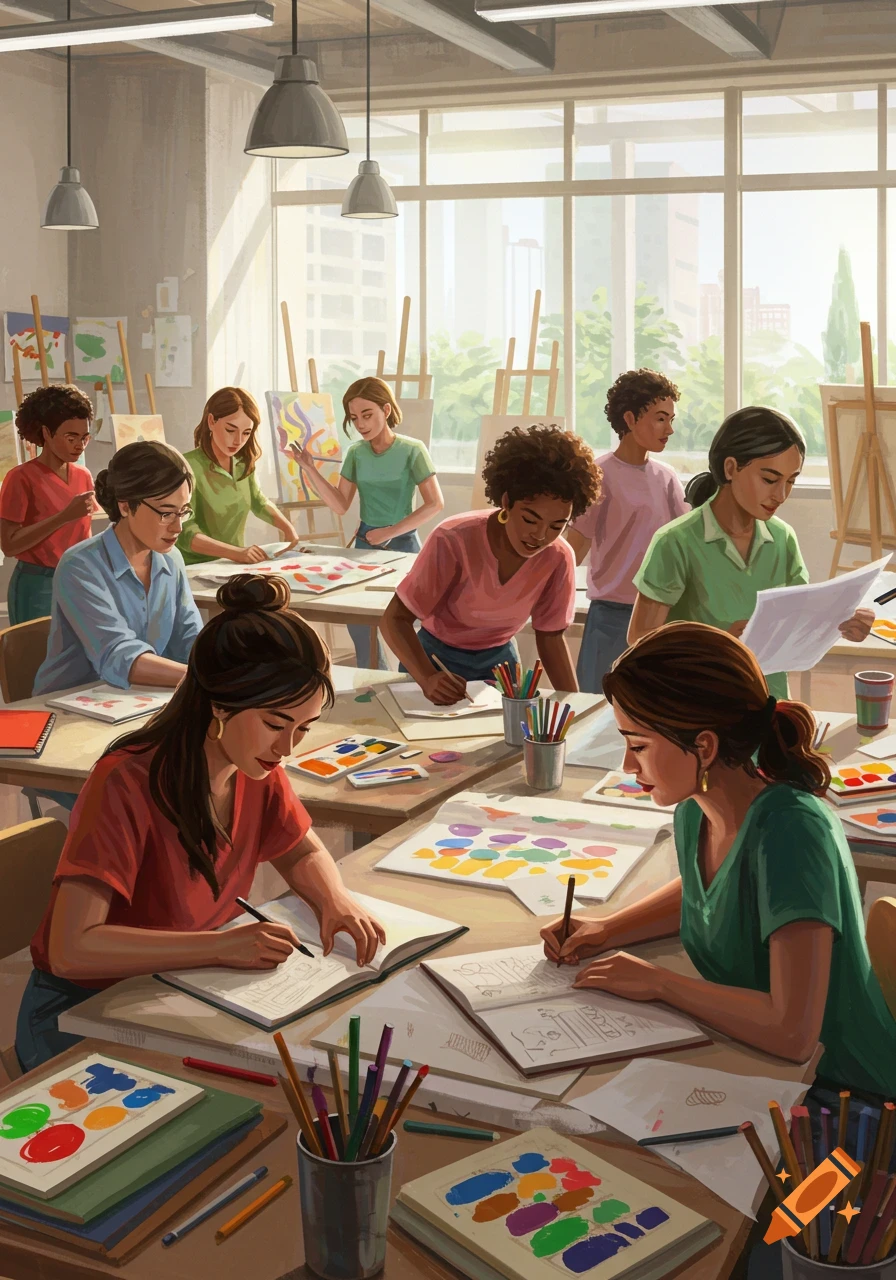 Several people, mostly women, are busy drawing and painting in a brightly lit art studio, with easels and art supplies visible.