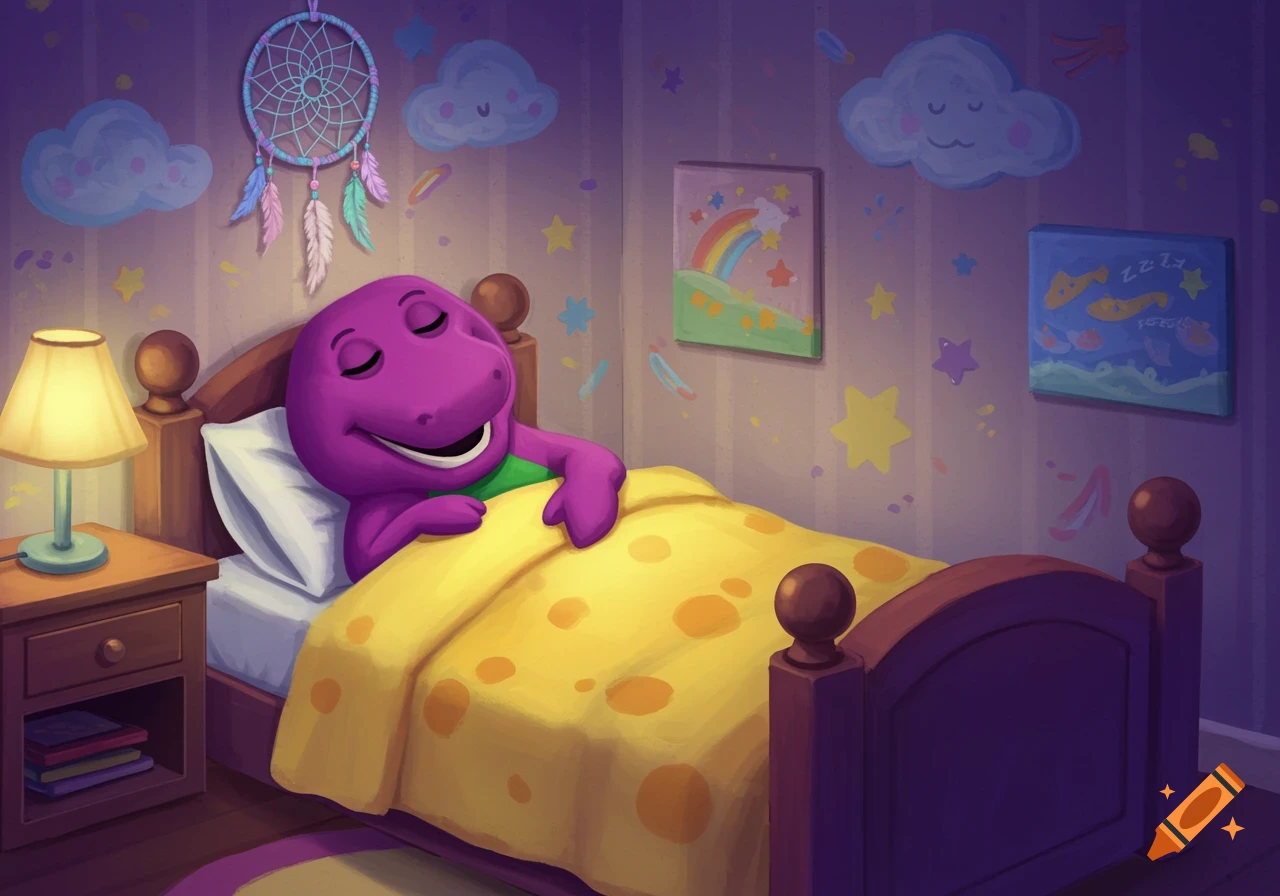 Barney the purple dinosaur sleeps soundly in a cozy bed in a child's bedroom, under a yellow blanket.