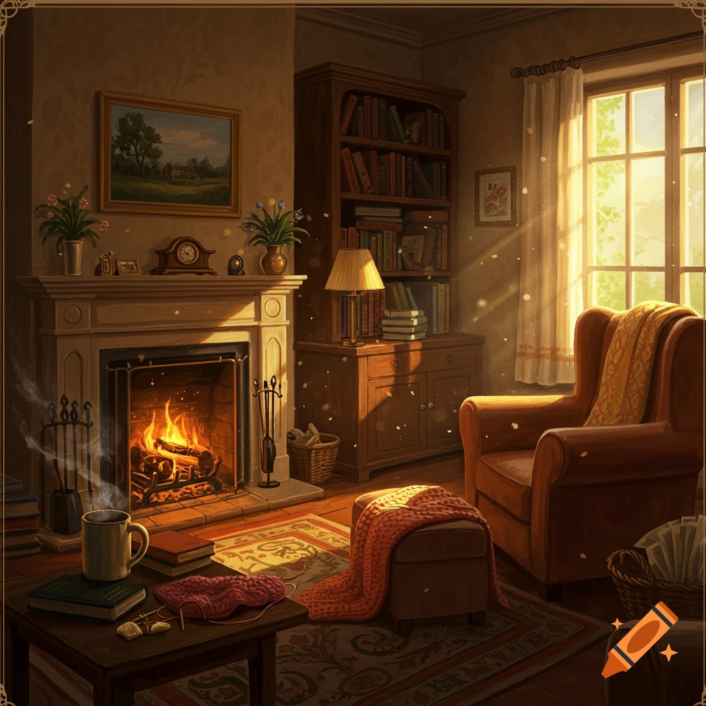 A warm and inviting living room with a roaring fireplace, a comfortable armchair, and a bookshelf, bathed in golden sunlight filtering through a window.