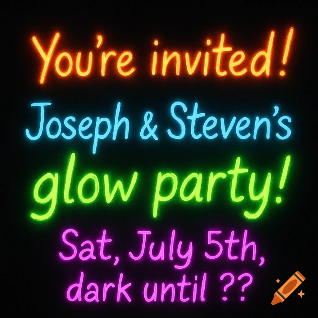 A neon glow party invitation with text 'You're invited! Joseph & Steven's glow party! Sat, July 5th, dark until ??' on a black background.