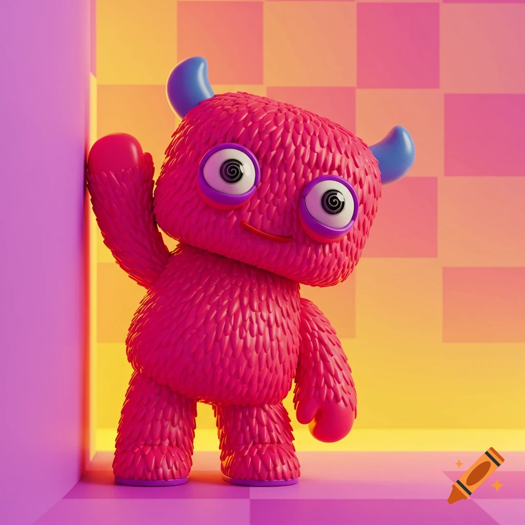 A vibrant pink fluffy monster vinyl toy with spiral eyes and blue horns leans against a purple wall in a pink and yellow checkered room.