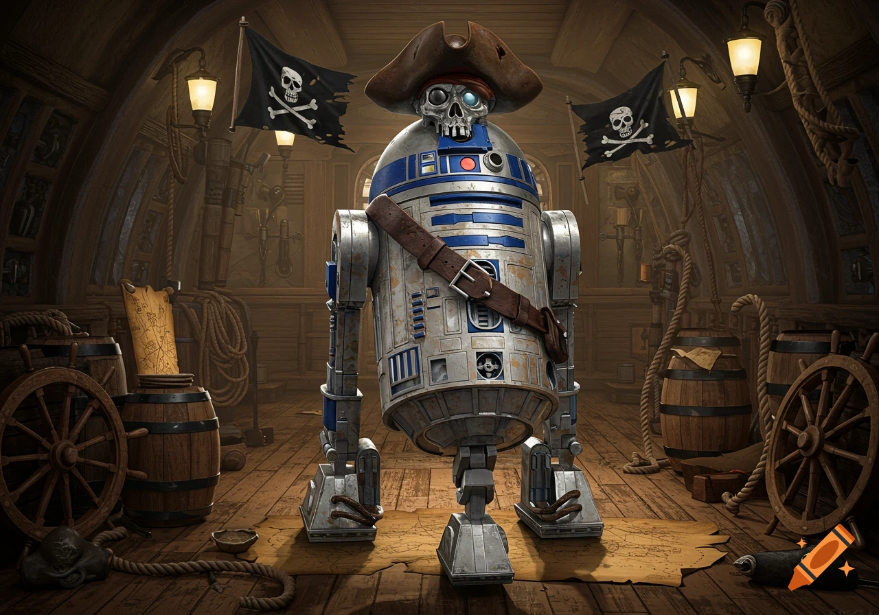 A weathered, pirate-themed R2D2-like robot wearing a tricorne hat and belt stands on a wooden pirate ship deck with barrels, ropes, and skull flags.