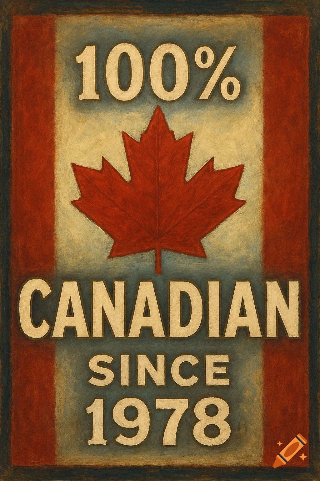 A vintage-style poster featuring a red maple leaf on a cream and red background, with text that reads '100% CANADIAN SINCE 1978'.
