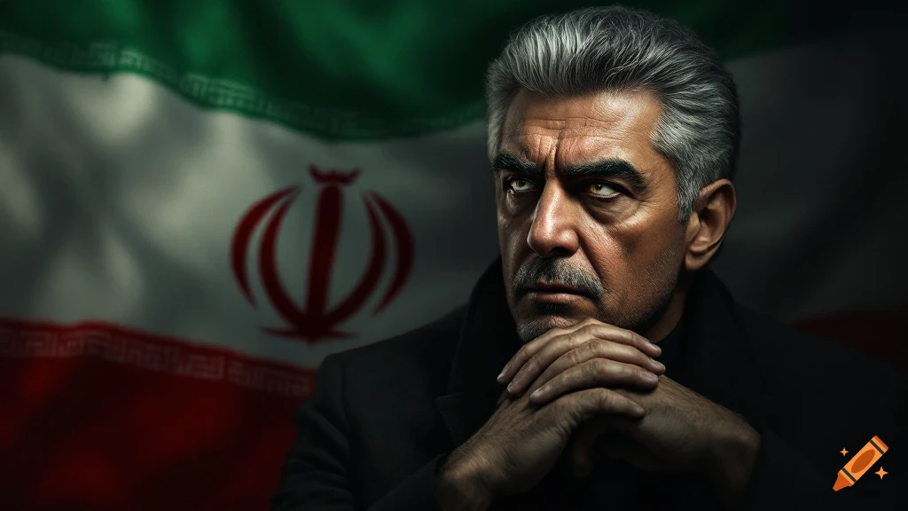 Dramatic portrait of a man with gray hair and a serious expression, hands clasped, against a softly blurred Iranian flag.