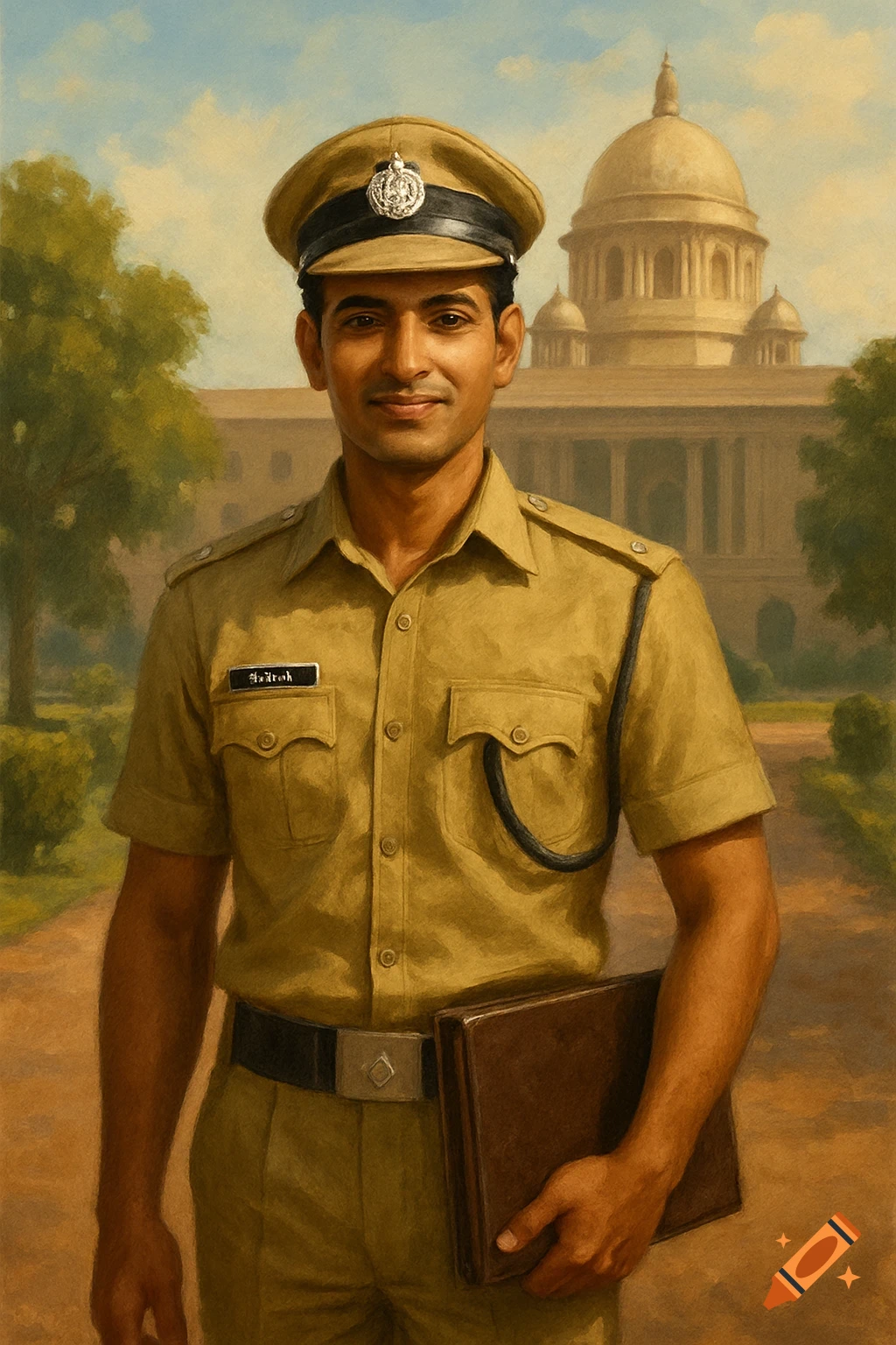 A young Indian man in a khaki uniform and cap, with a nametag, stands smiling outdoors in a painterly style. He holds a brown book in front of a grand domed building.