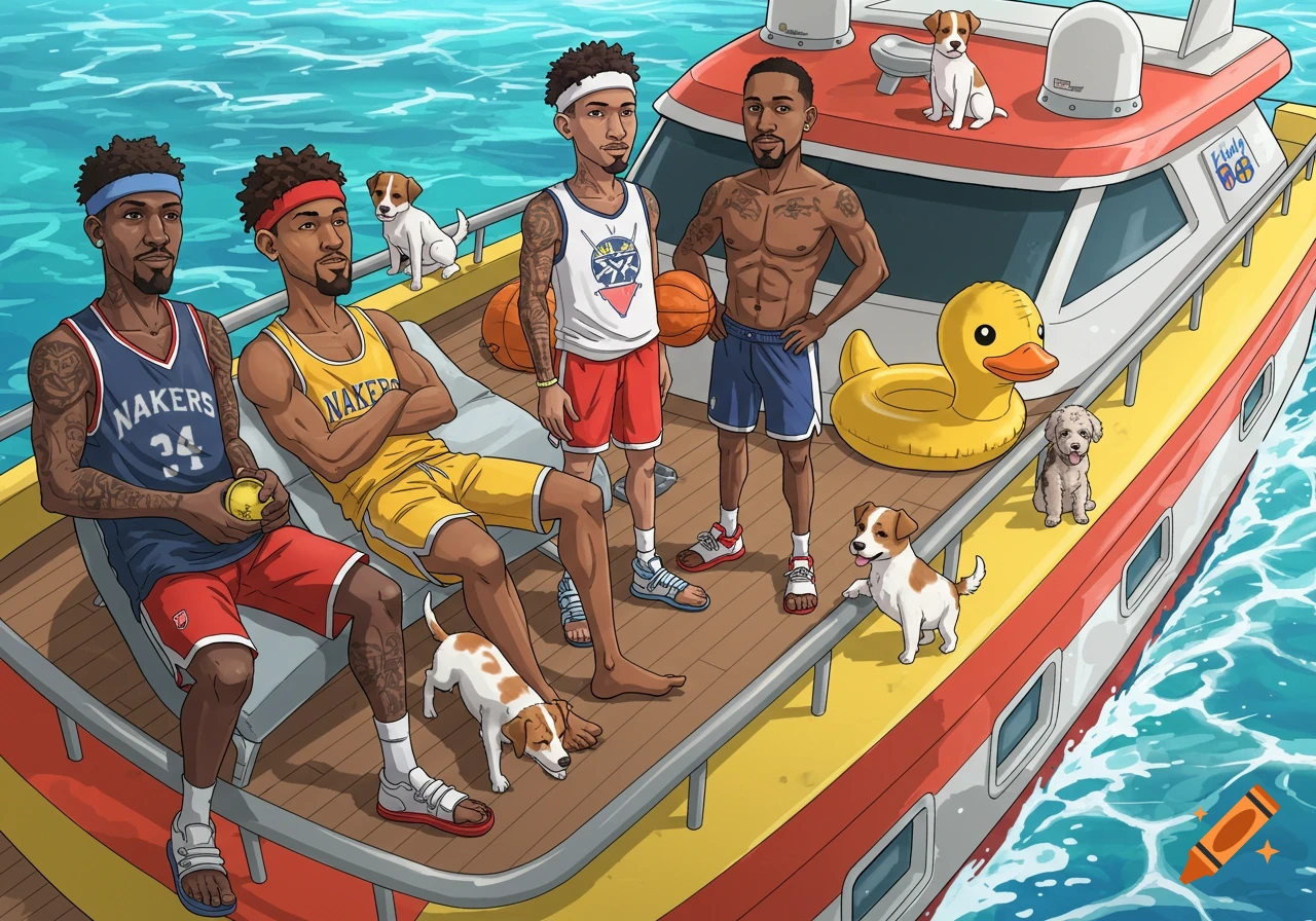 Cartoon illustration of four male basketball players and five dogs on a boat in the ocean.