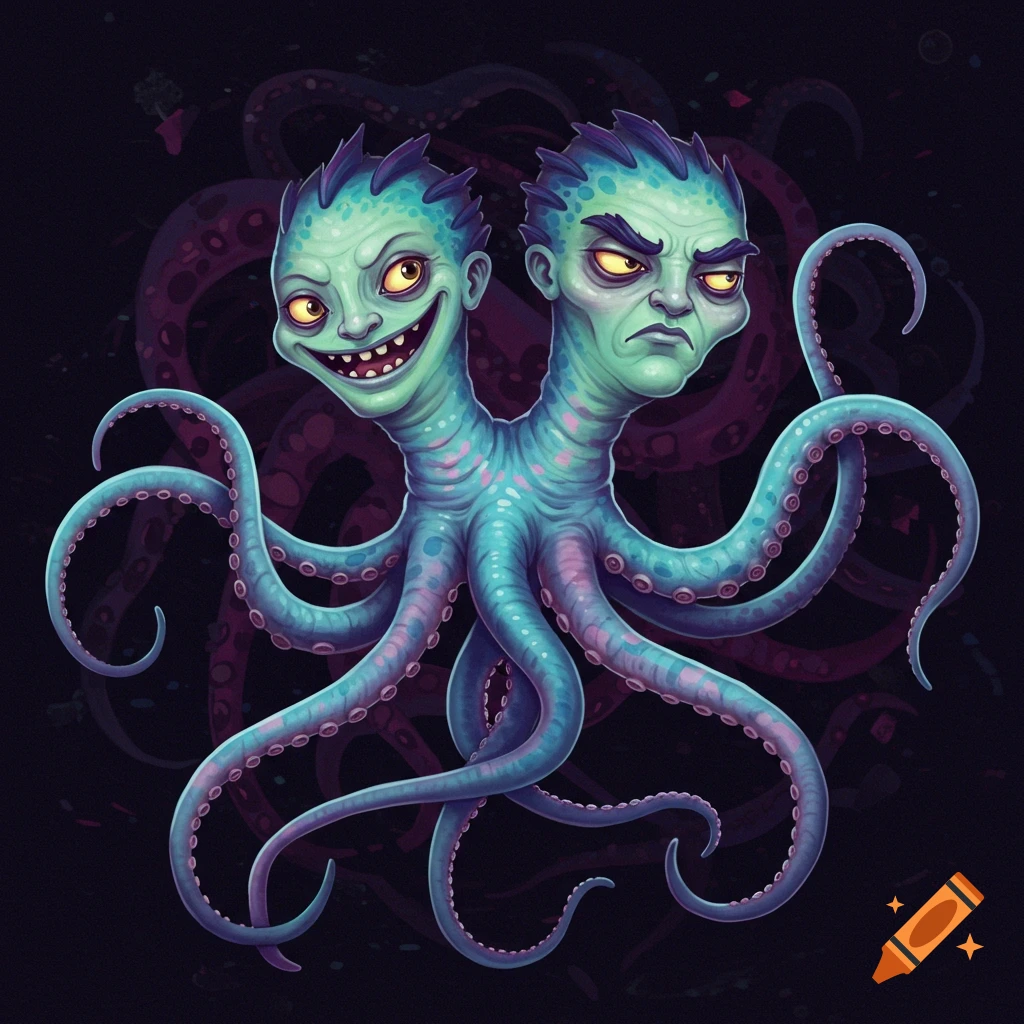 A vibrant cartoon illustration of a two-headed blue-green monster with purple tentacles. One head smiles, the other frowns, against a dark background.
