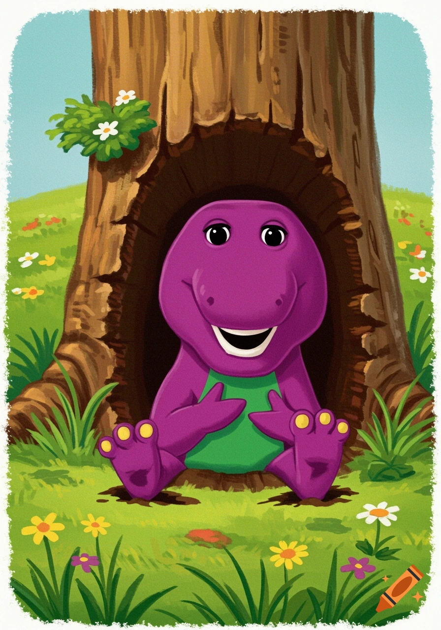 Barney the purple dinosaur smiling and stuck in a tree hole, surrounded by a grassy field with flowers, in a cartoon style.
