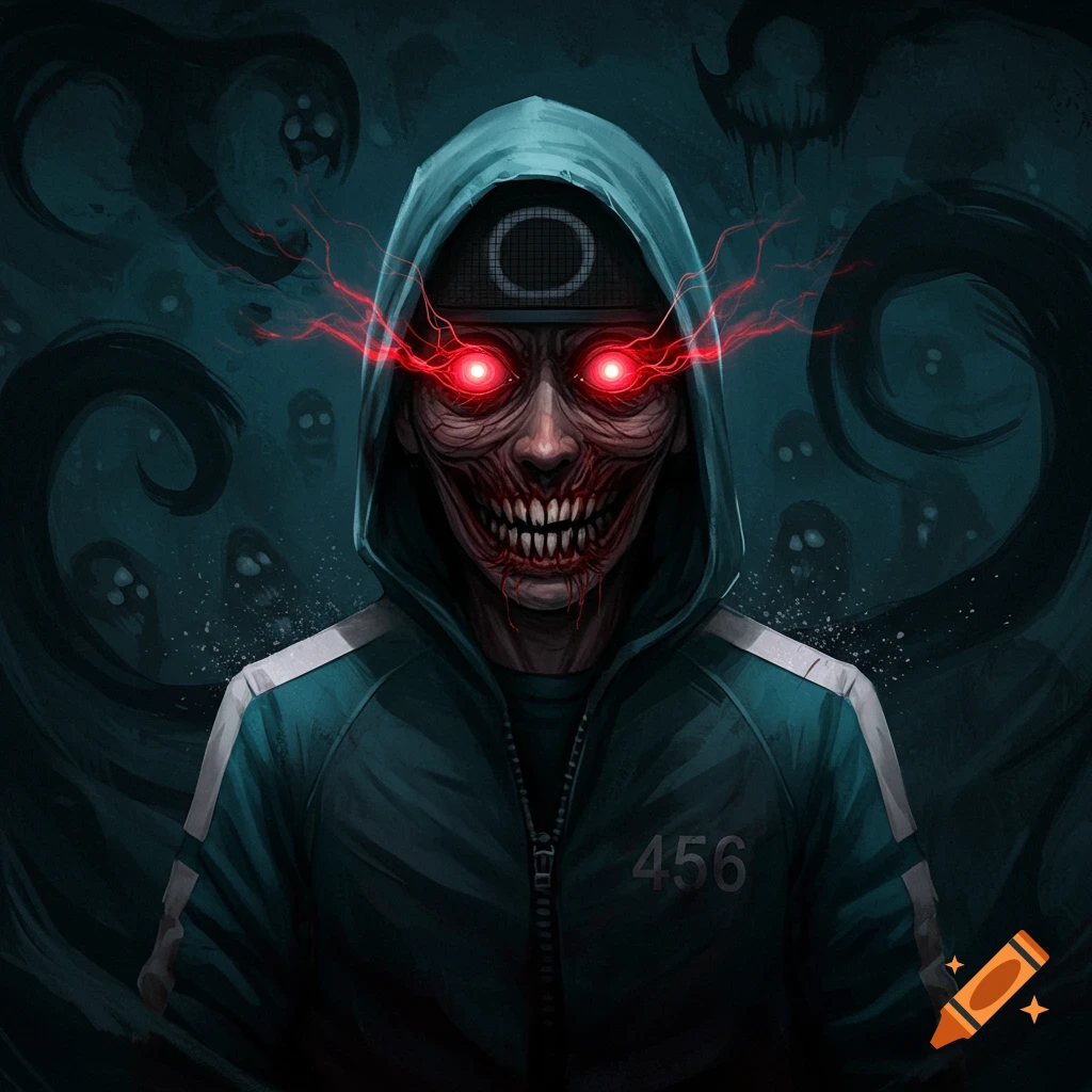 A horror-style depiction of a possessed Squid Game player 456 with a zombified face, sharp teeth, and glowing red eyes, wearing a teal hoodie in a dark, eerie setting with shadowy figures.