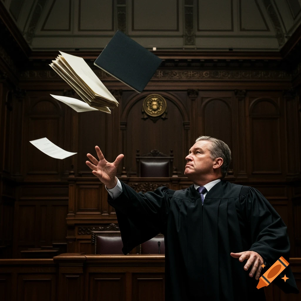 A male judge in a black robe throws a book and papers into the air within a grand, wood-paneled courtroom.