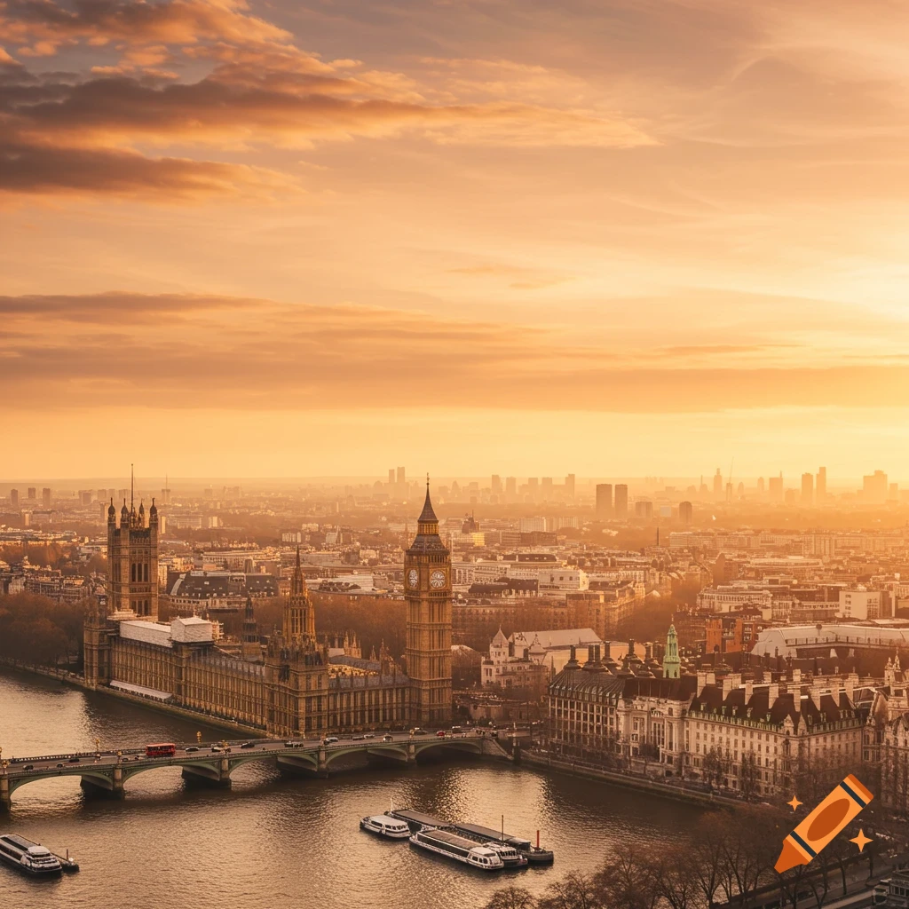 Photorealistic aerial view of London with the Houses of Parliament and Big Ben at sunset, bathed in warm orange light.
