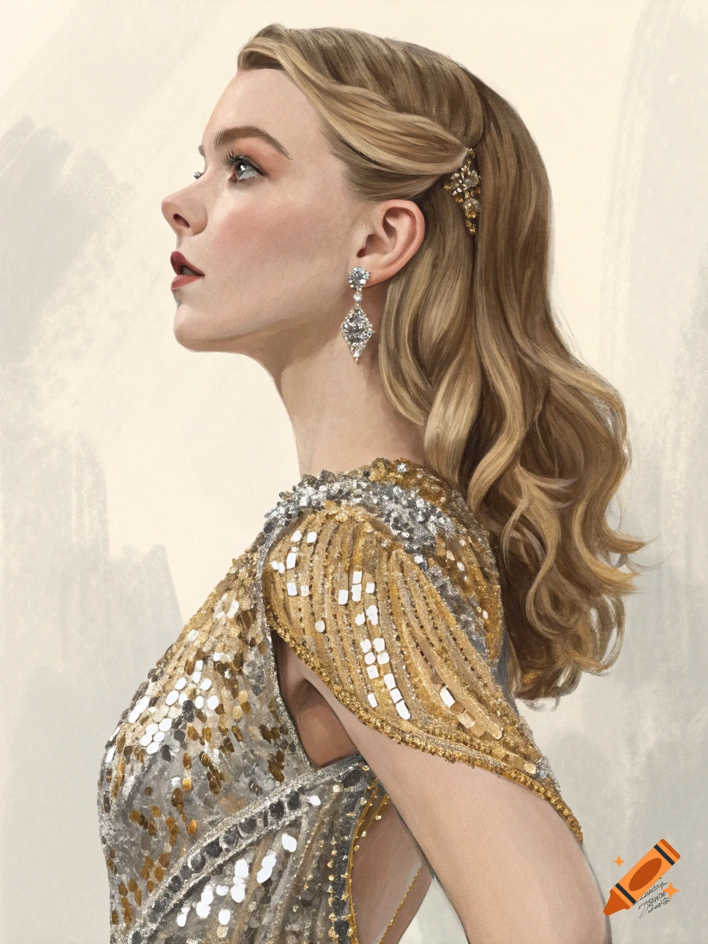 Profile portrait of Anya Taylor-Joy looking up, wearing a golden and silver sequined dress and large diamond earrings in a painterly style.