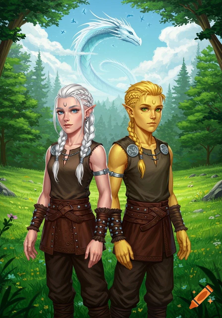 Two fantasy twin characters with braided hair in viking-like attire stand in a forest clearing under a sky with a white spectral dragon.