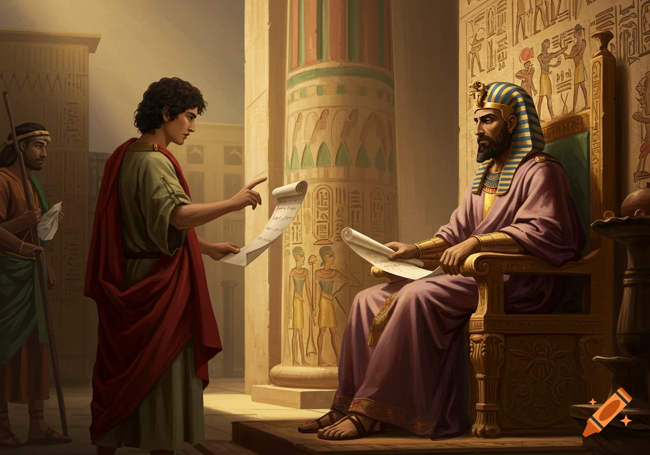 A young man, Joseph, presents a scroll to Pharaoh seated on a throne in an ancient Egyptian setting with hieroglyphs on the walls.