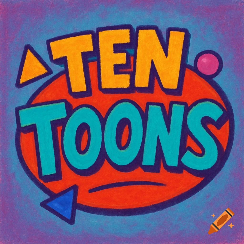 Colorful 90s-style logo with 'TEN TOONS' text in orange and teal on an orange oval, surrounded by geometric shapes.