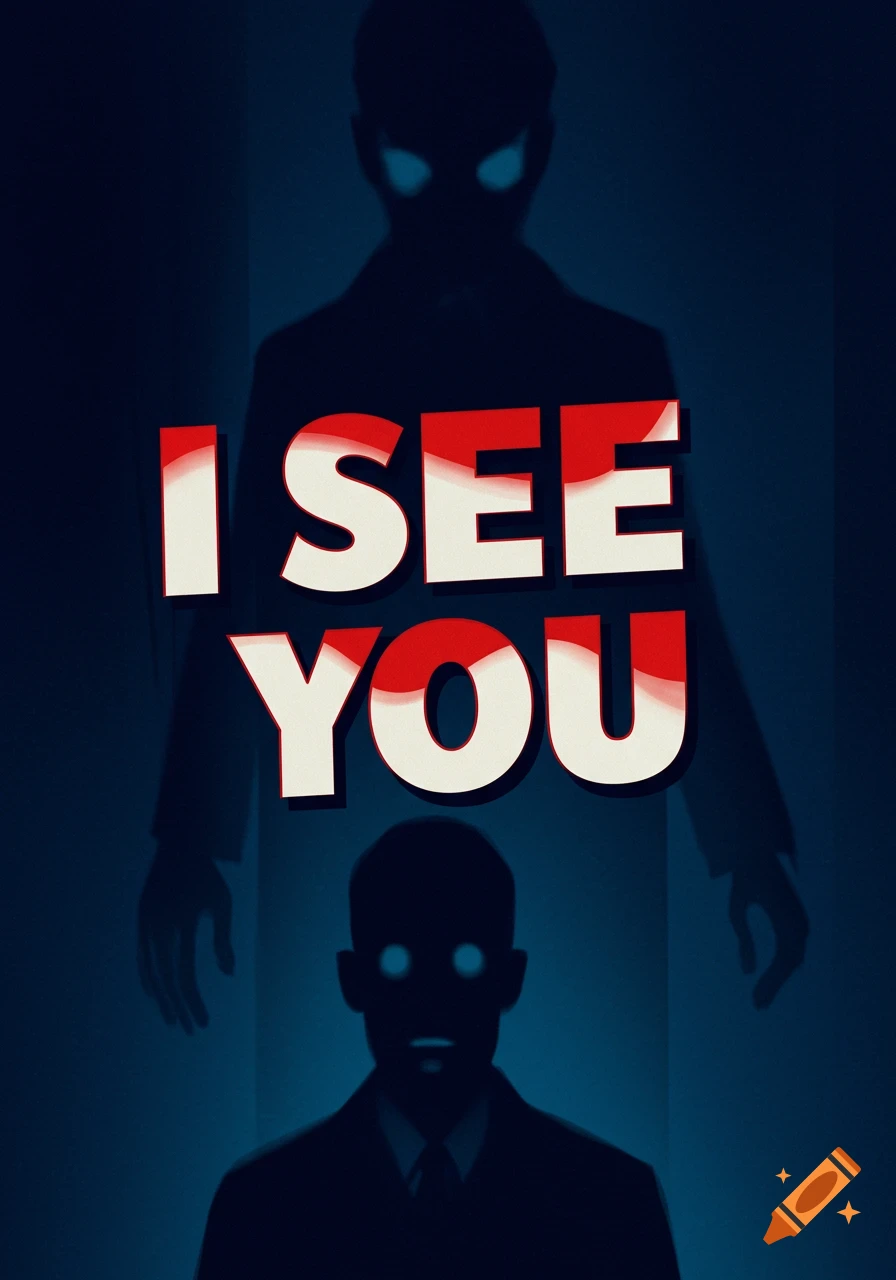 A dark, stylized illustration of a silhouetted figure with glowing eyes and a large shadow figure above it, with red and white text "I SEE YOU."