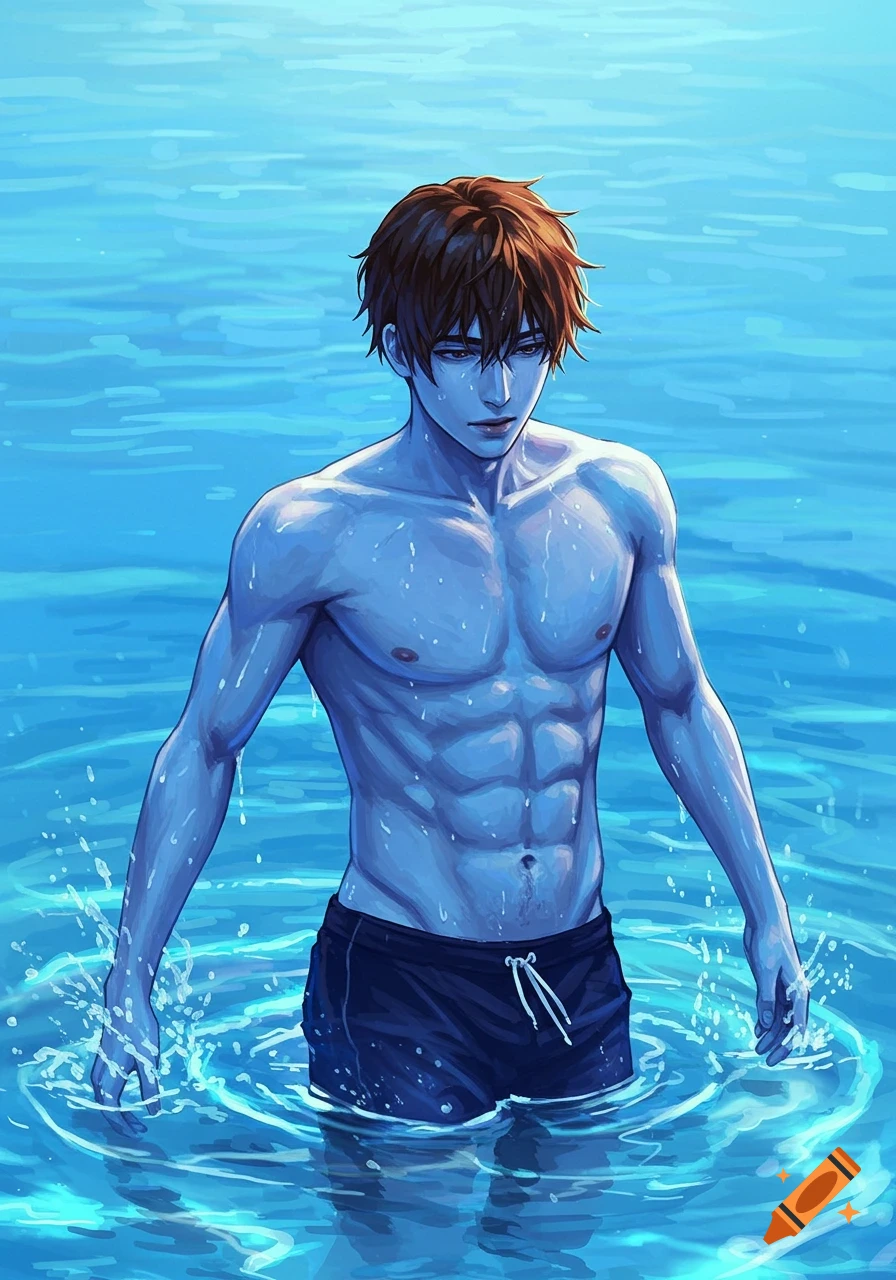 Anime illustration of a shirtless man with brown hair standing in blue water, with a blue hue over the image.