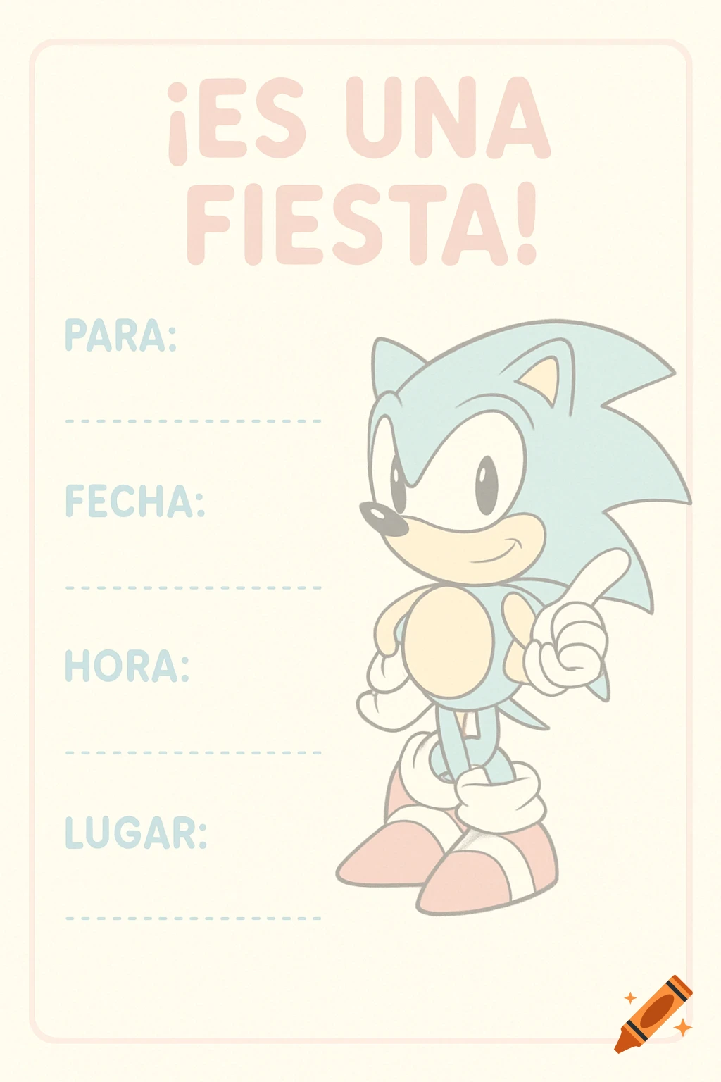 A pastel-colored Sonic the Hedgehog party invitation template with Spanish text for 'It's a party!', 'For:', 'Date:', 'Time:', and 'Place:'.