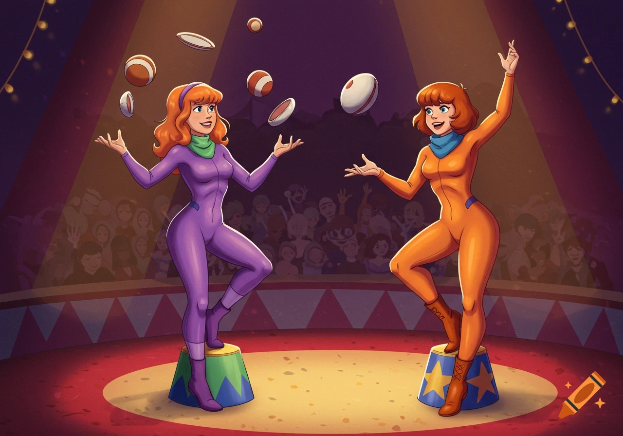 Daphne in a purple jumpsuit juggling, and Velma in an orange jumpsuit posing, both on pedestals in a circus ring.