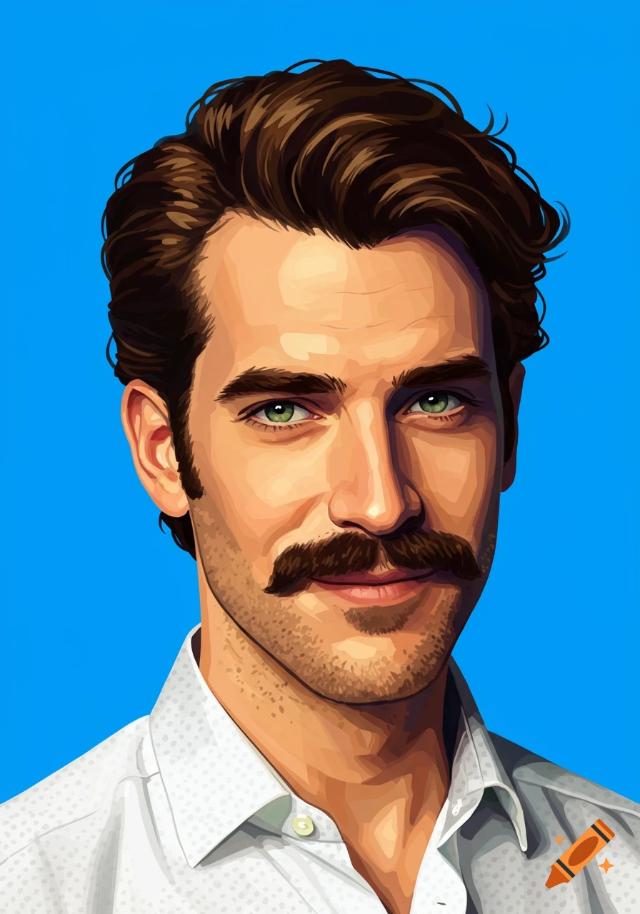 A stylized portrait of a man with brown hair, a mustache, and green eyes, wearing a white shirt, against a bright blue background.