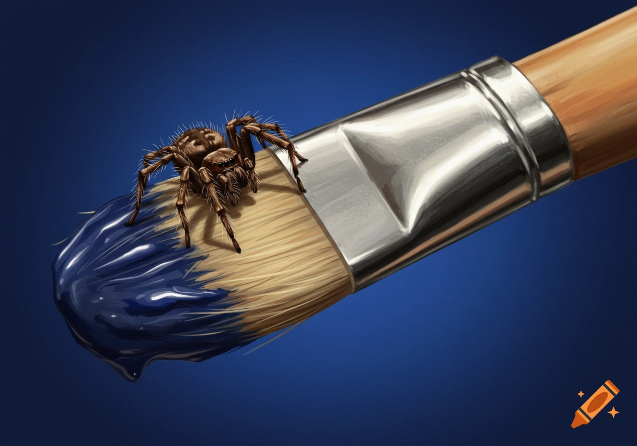 A detailed illustration of a brown jumping spider perched on the bristles of a paint brush, which is covered in blue paint and dripping.