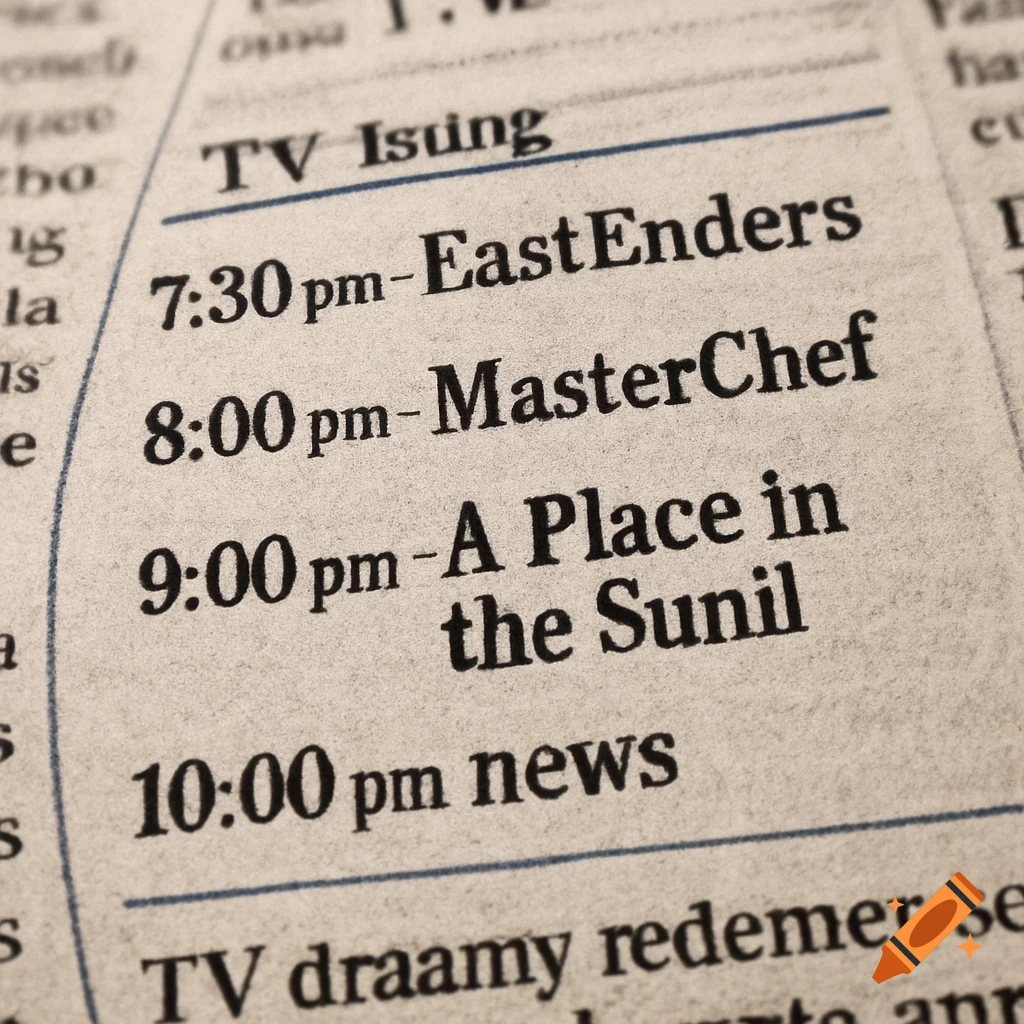 A close-up view of a newspaper's TV listing page, showing program times and titles like "EastEnders" and "MasterChef".
