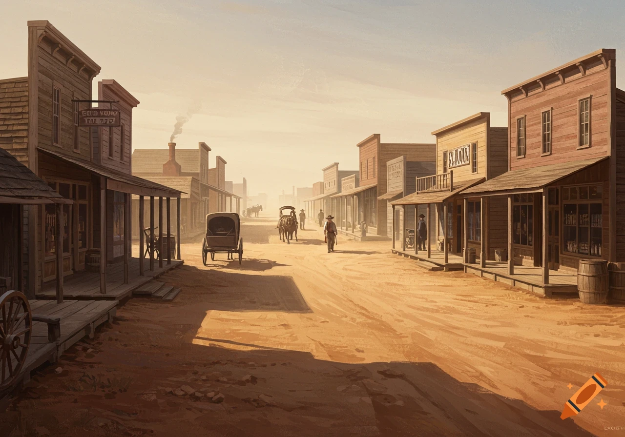 An illustrated view of a dusty Wild West town street at sunset, with wooden buildings, a horse-drawn carriage, and a few people.