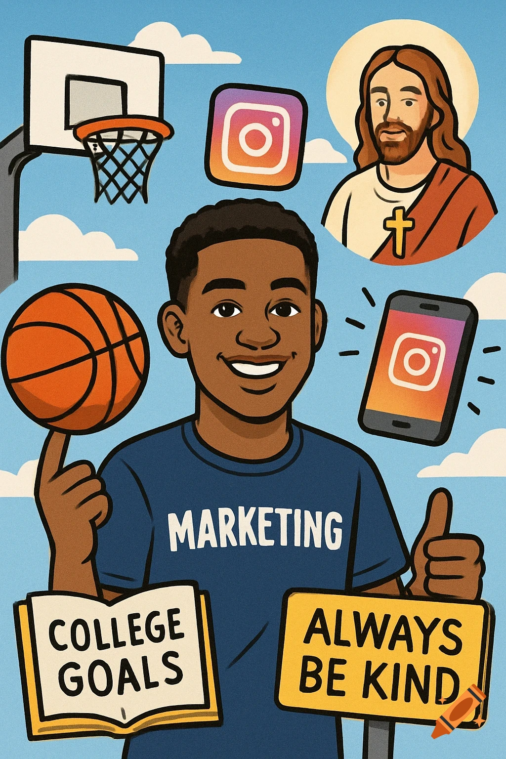 Cartoon of a smiling young man in a marketing shirt, surrounded by a basketball, Instagram icons, an open book, a sign, and Jesus.