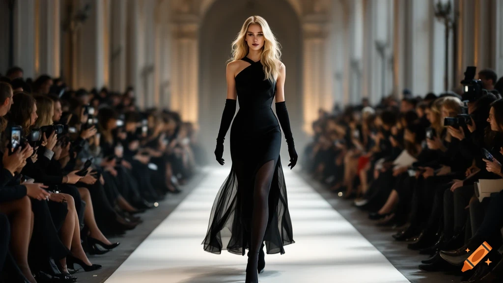 Hyper-realistic photo of a blonde supermodel in a black cocktail dress and long gloves walking a runway at a Paris fashion show.