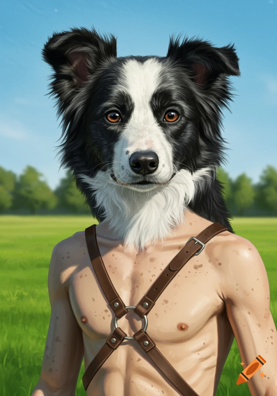A photorealistic portrait of a human-Border Collie hybrid wearing a brown leather harness, standing in a grassy field under a blue sky.