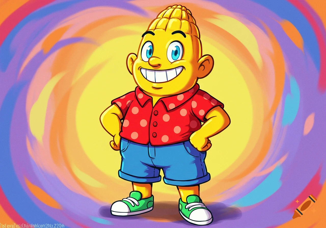 A smiling cartoon character with a yellow corn cob head, blue eyes, red polka dot shirt, blue shorts, and green shoes stands against a colorful swirling background.