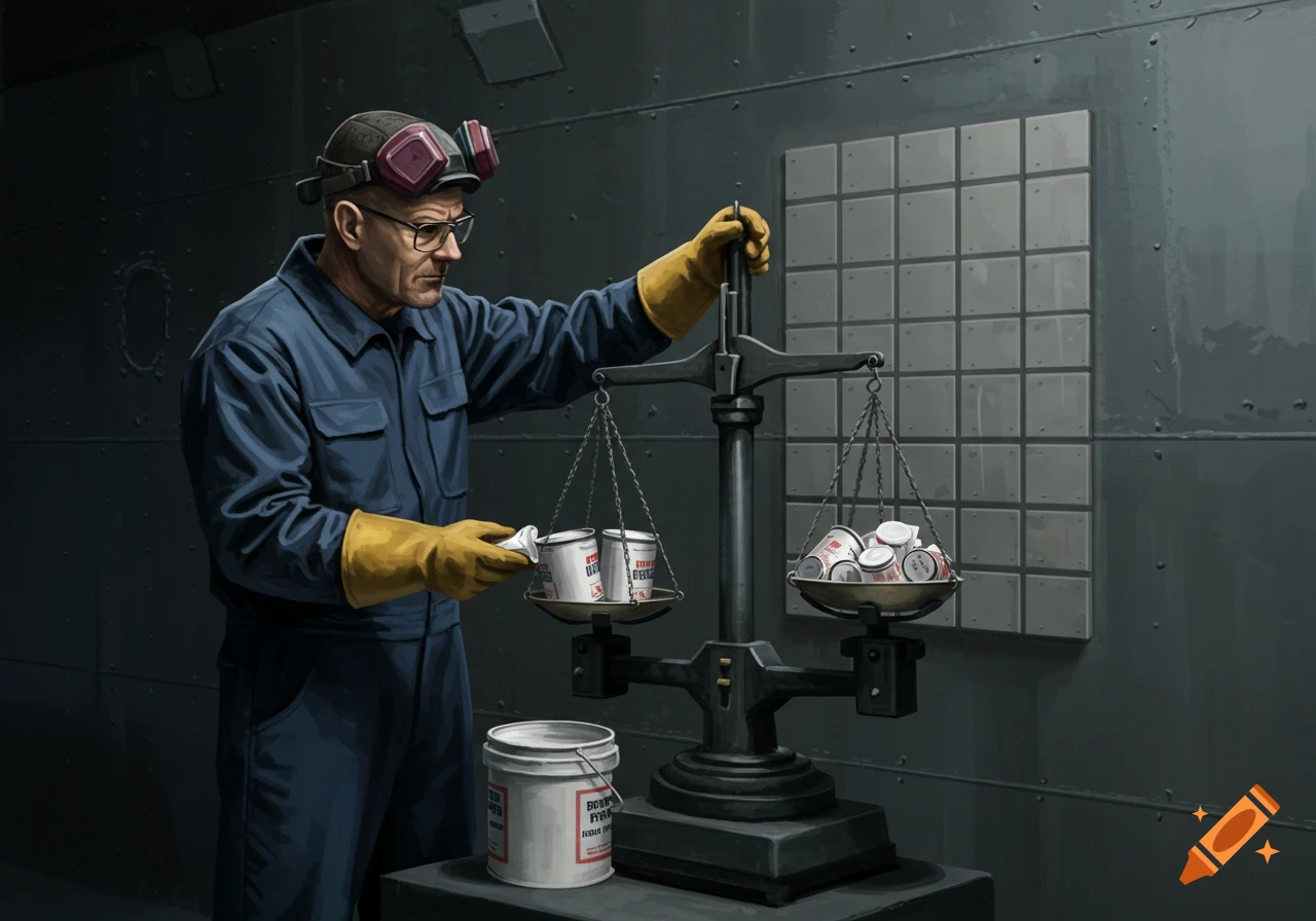 A man in a blue jumpsuit, yellow gloves, and safety goggles weighs cans on a set of scales in a gray, industrial room, in the style of Breaking Bad.