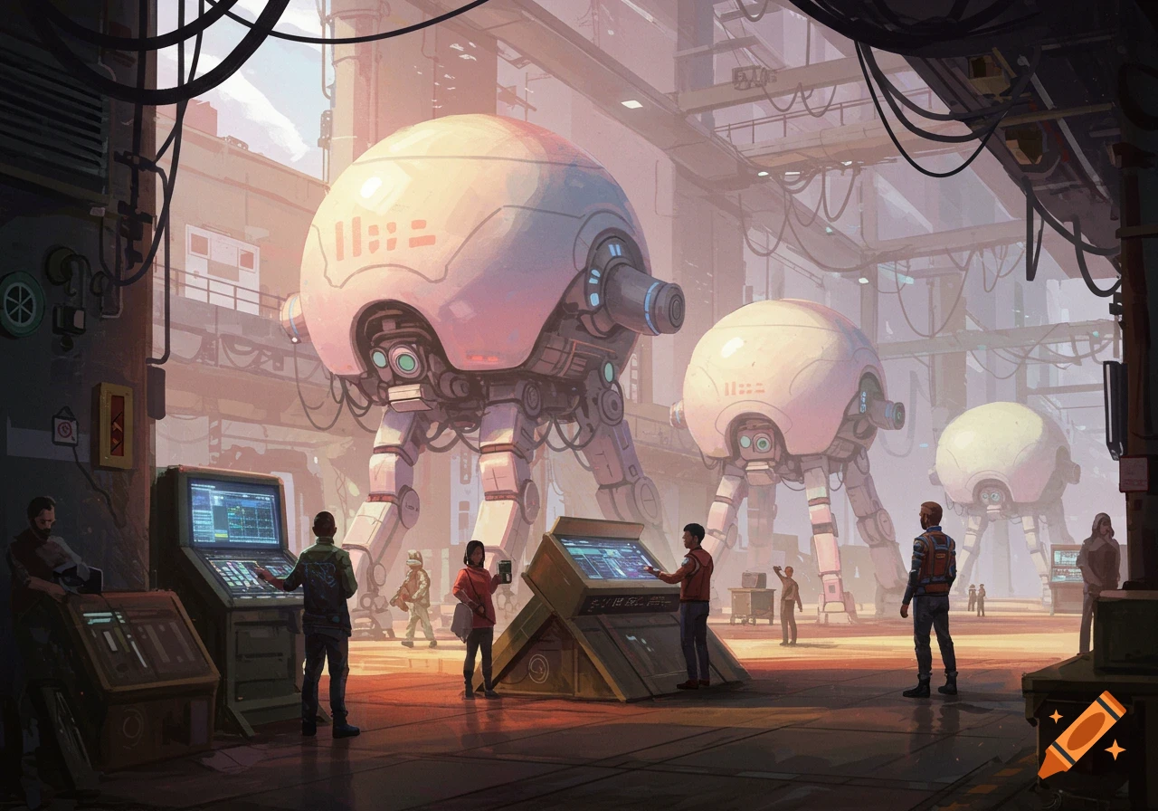 People operate controls for large, spherical, multi-legged robots in a vast, futuristic industrial complex, bathed in bright light.