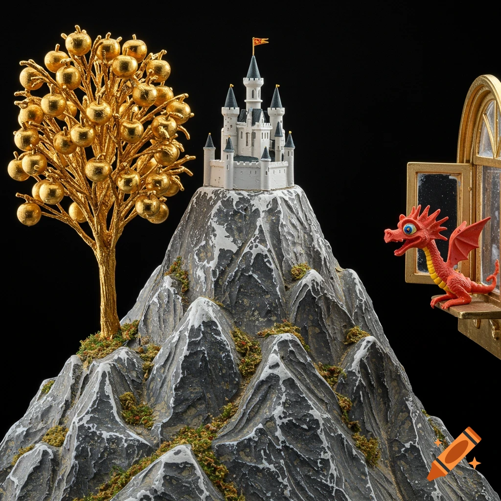 A miniature model features a white castle atop a gray mountain, a golden tree with apples, and a red dragon peeking from a golden window.