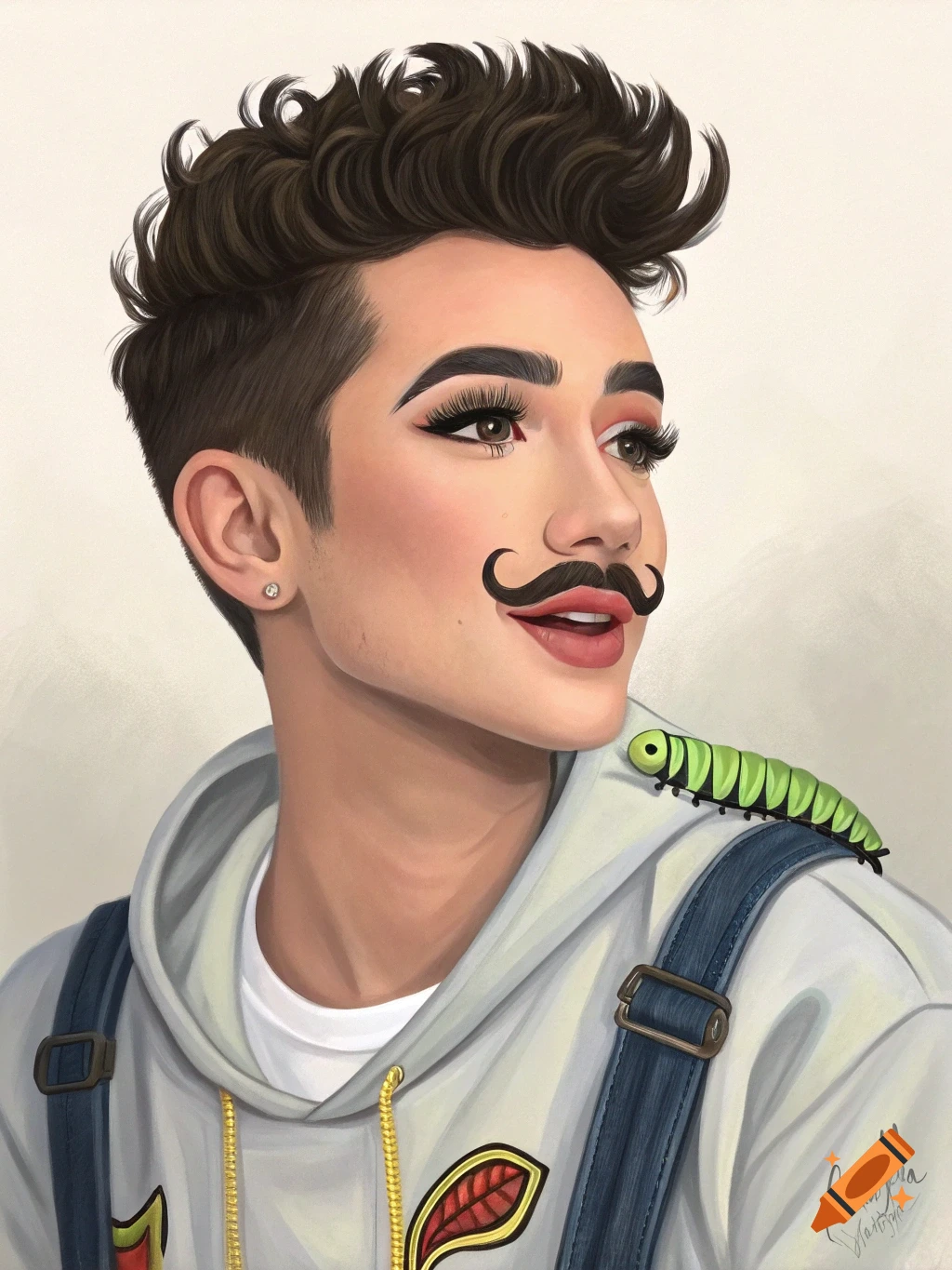 Stylized portrait of James Charles with a drawn mustache and a green caterpillar on his shoulder.