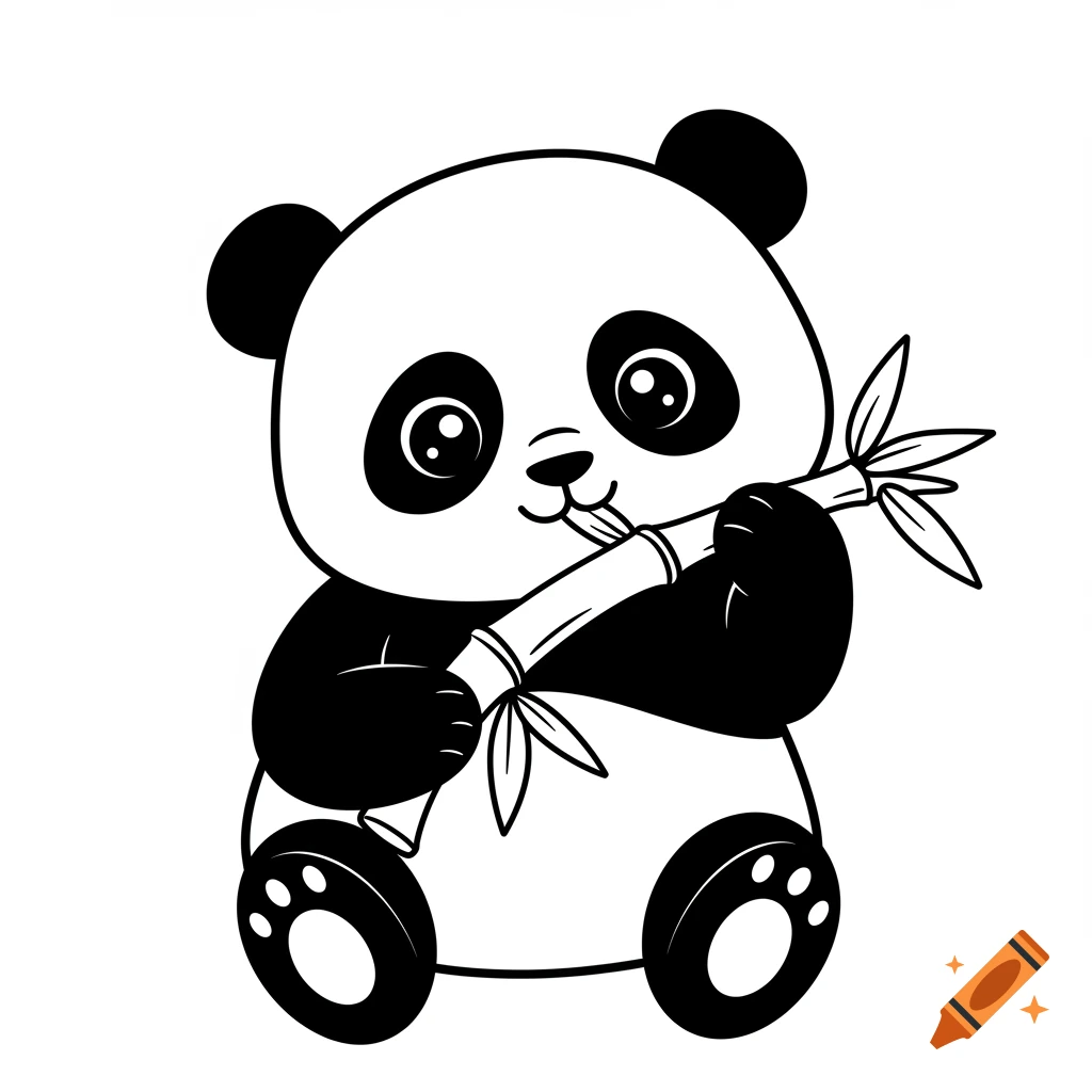 Black and white cartoon baby panda sitting and eating bamboo, in a coloring page style.