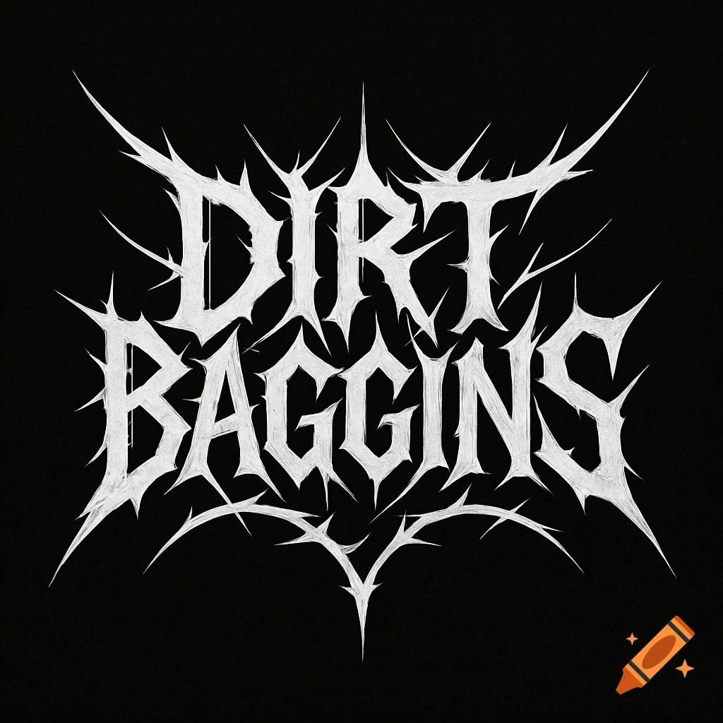A white heavy metal style logo against a black background, spelling 'DIRT BAGGINS'.