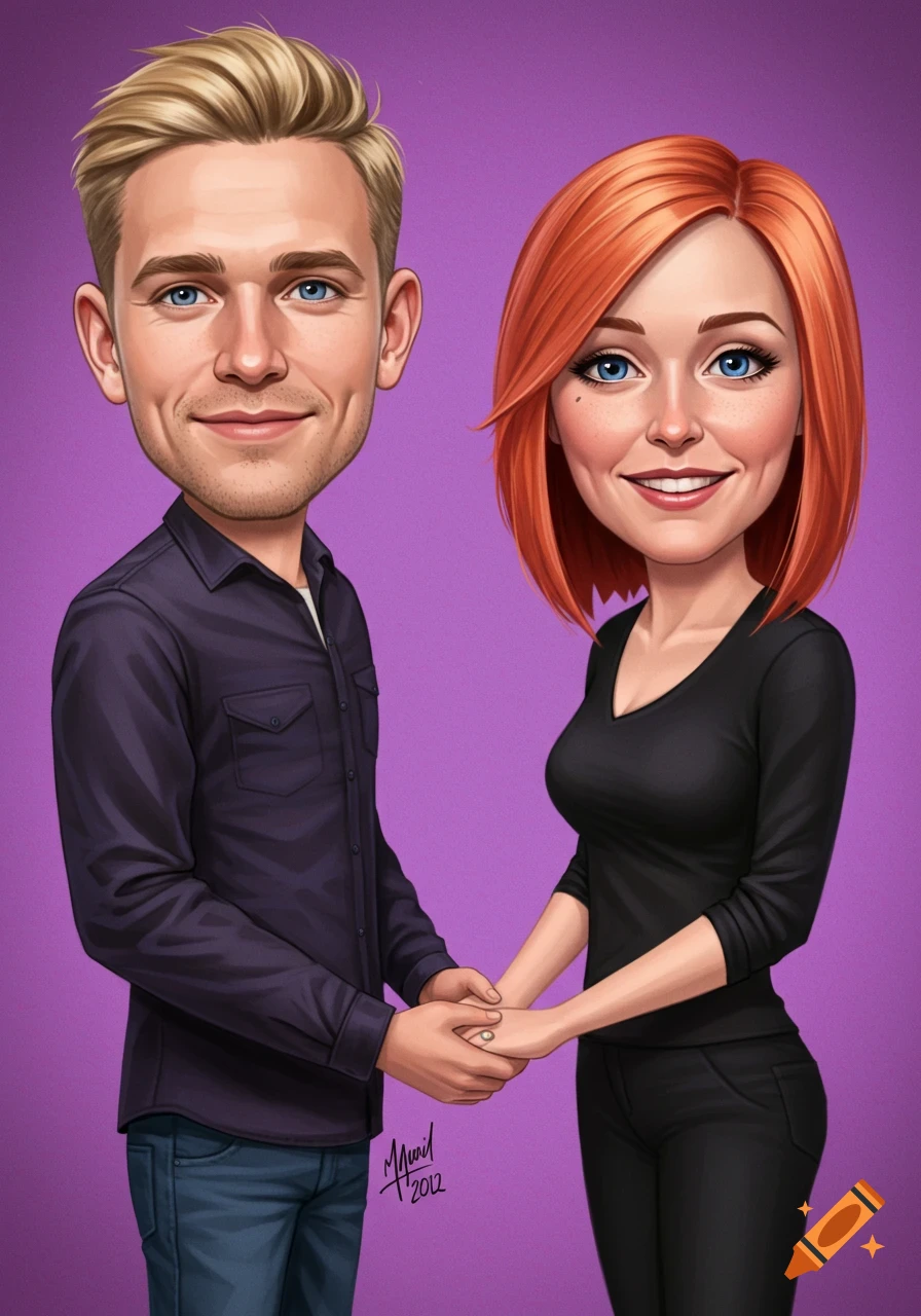 Cartoon portrait of a blonde man and red-haired woman holding hands on a purple background.