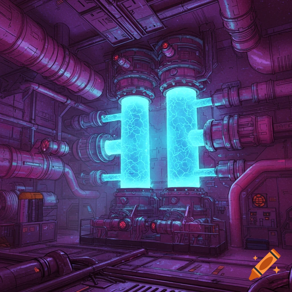 A futuristic sci-fi reactor room with glowing blue energy tubes and intricate purple and pink industrial machinery.