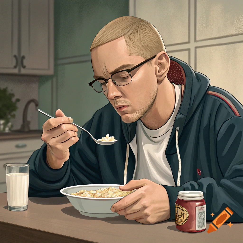 Stylized illustration of a man resembling Eminem eating cereal from a bowl at a kitchen table, with a glass of milk and a jar nearby.