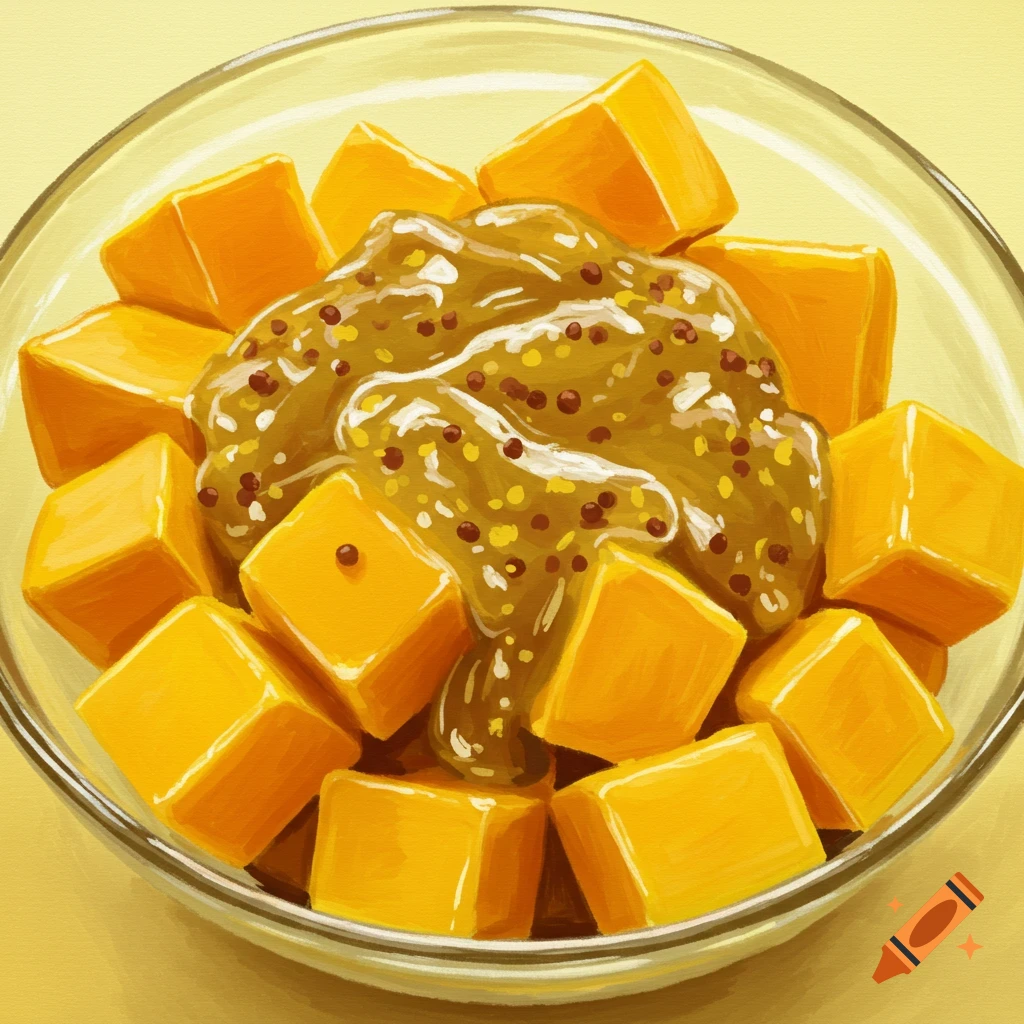 A digital painting of diced mangoes topped with a thick, brown speckled sauce in a clear glass bowl.