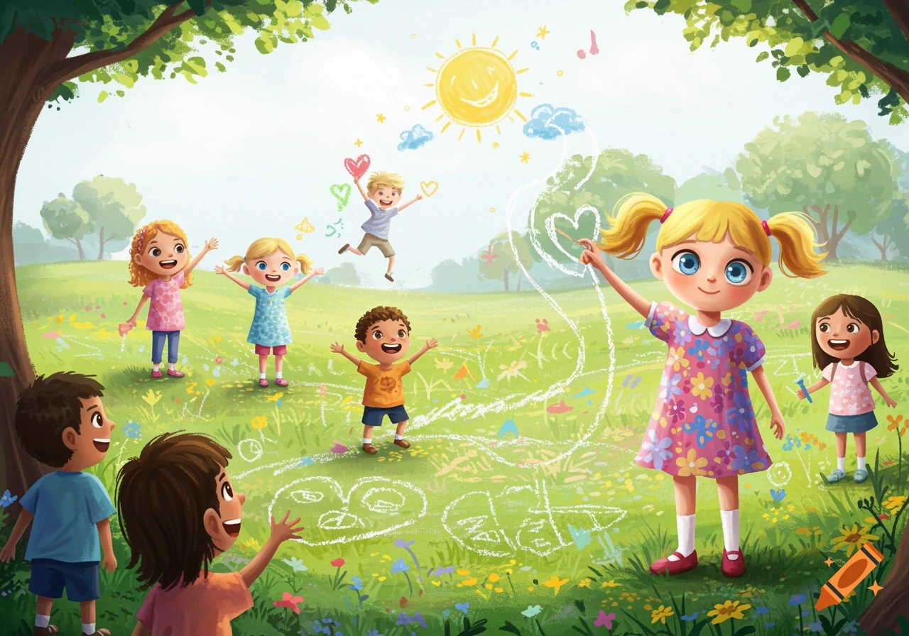 Illustrated children playing in a sunny meadow, drawing with chalk on the grass and in the air.