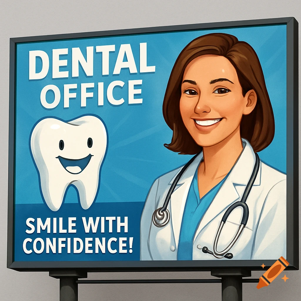 A billboard for a dental office shows a smiling female doctor and a happy cartoon tooth, with 'Dental Office' text.