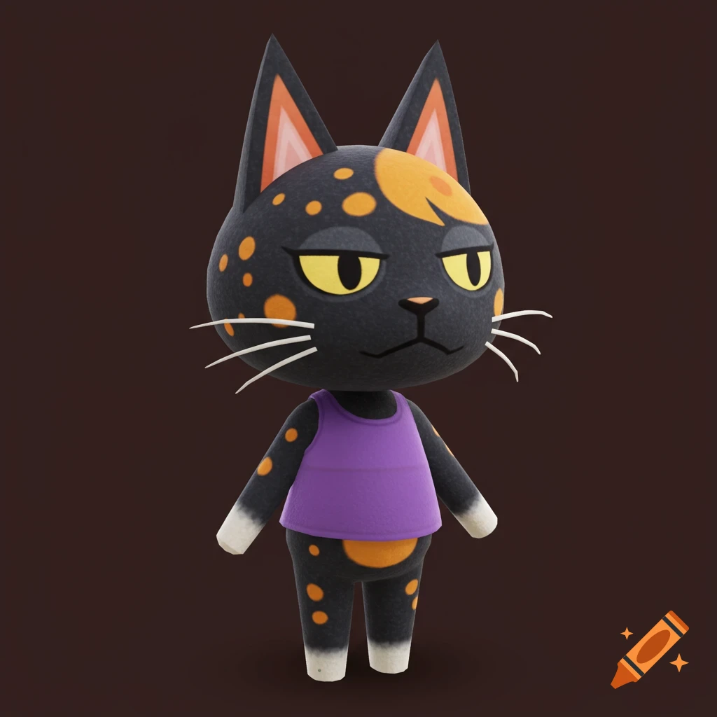 A stylized black cat character with orange spots, yellow eyes, and white whiskers, wearing a purple tank top.